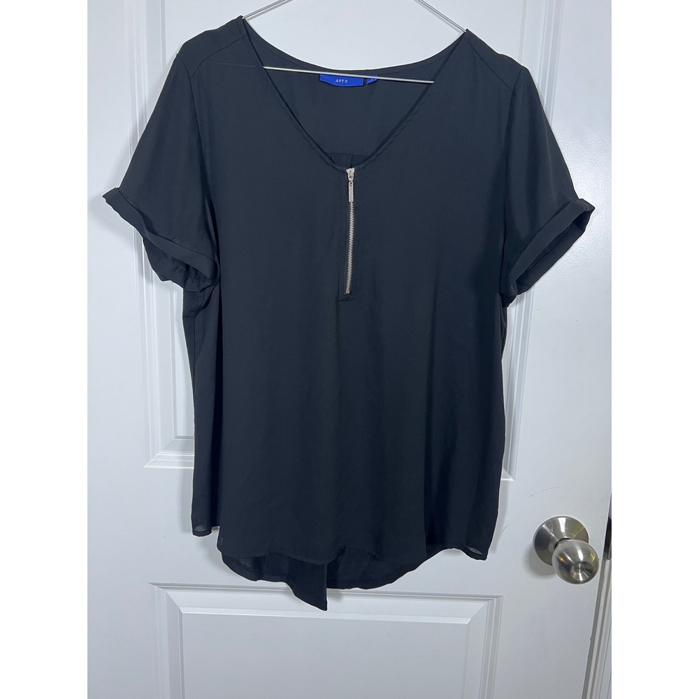 Apt. 9 Womens Blouse Half Zip Short Sleeve Mixed Media Black Size Large